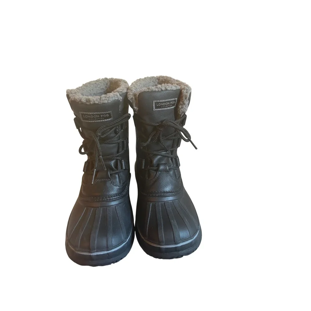 London Fog Big Boys Cheshire Winter Snow Duck Boots Black Faux Fur Lined Size 5